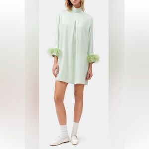 SLEEPER Party Shirt Dress w/Ostrich Feathers Mint Green Size XS NWT Satin Mini